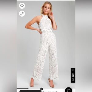 Lulus Britney White Lace Halter Jumpsuit (Size small)